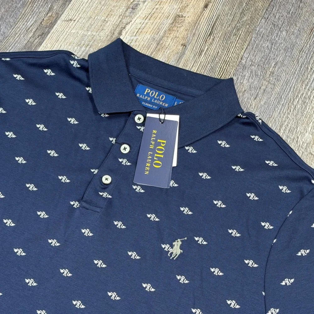 Polo Ralph Lauren Mens AOP Navy Blue Winged PRL Logo Classic Fit Shirt Large NWT